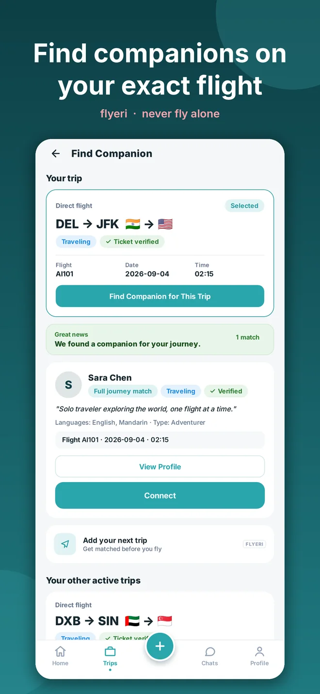Flyeri app showing flight companion matches